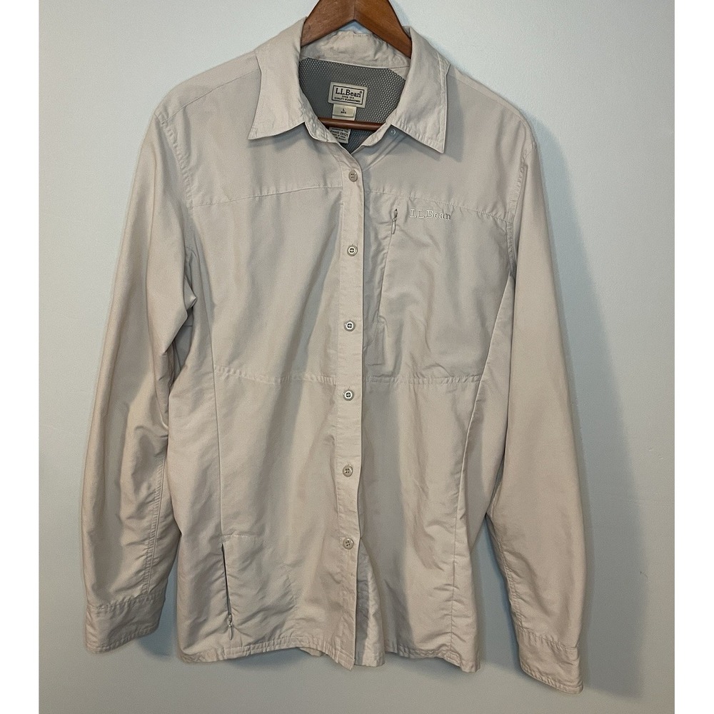 L.L. Bean No Fly Zone Vented Performance Fishing Shirt Men's Size L Beige